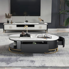 Load image into Gallery viewer, Coliseum White Oval Storage TV Unit & Coffee Table with Drawers Stone Gold Base