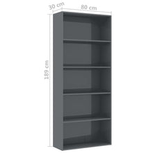 Load image into Gallery viewer, Hartley 4Tier Book Cabinet High Gloss Grey 80x30x151,5 cm Chipboard