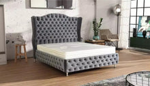 Load image into Gallery viewer, Luxury Alari Bed Frame modern bed Wing Back Chesterfield Grey Velvet Fabric Button bed