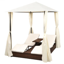 Load image into Gallery viewer, Double Sun Lounger with Curtains Poly Rattan Brown