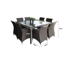Load image into Gallery viewer, Roman 8 Square Outdoor Wicker Glass Top Dining Table And Chairs Setting