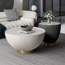 Load image into Gallery viewer, Ostino Beige Drum Coffee Table Stone Round PU-Leather Accent Table in Gold