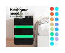 Load image into Gallery viewer, Apollo Bedside Table Side Unit RGB LED Lamp 3 Drawers Nightstand Gloss Furniture Black