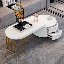 Load image into Gallery viewer, Idra White Oval Expandable Coffee Table Modern Faux Marble&Manufactured Wood Accent Table with 2-Drawer