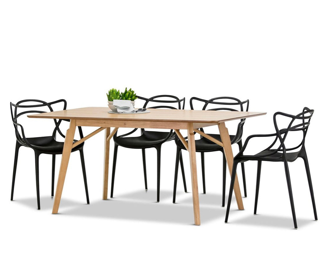 Modern Scandinavian Light Timber Oak Rectangular 1.6m Dining Set with 4x Replica Black Masters Chairs
