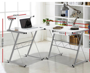 Office Computer Desk Corner Table Metal Pull-Out Keyboard Tray Top White