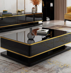 Prisma 51" Black Rectangular Coffee Table with Storage 4 Drawers Tempered Glass Top