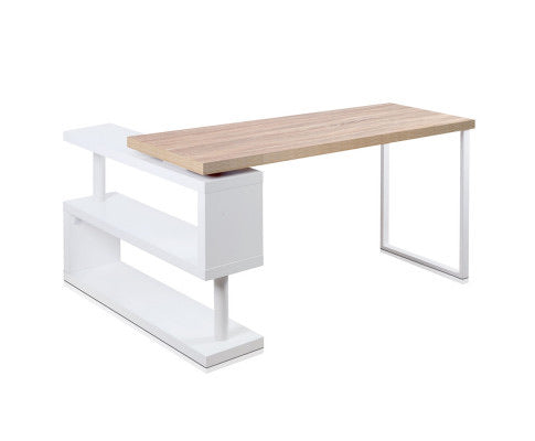 Rotary Corner Desk with Bookshelf - Brown & White