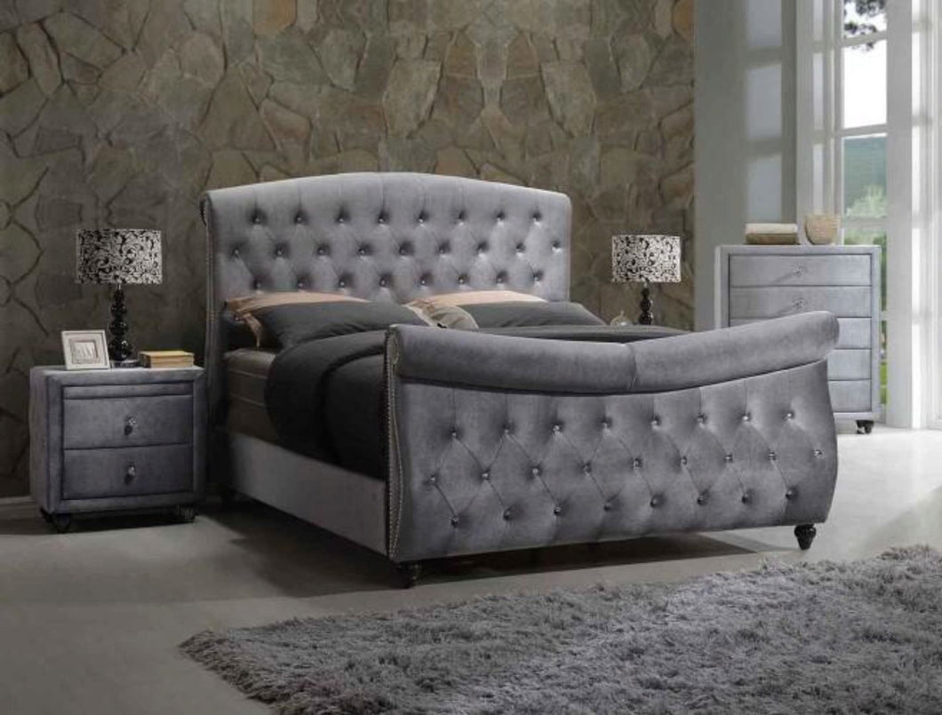 Asmara Hudson Sleigh King and Queen Size Bed in Gray Velvet Contemporary