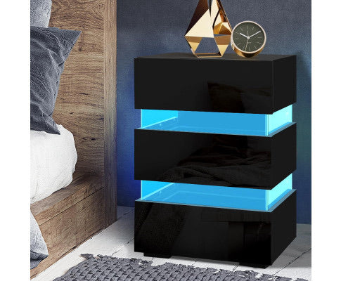Apollo Bedside Table Side Unit RGB LED Lamp 3 Drawers Nightstand Gloss Furniture Black