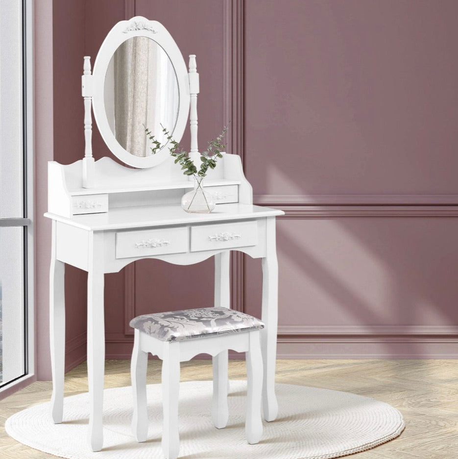 Dressing Table Stool Mirror Jewellery Cabinet 4 Drawers White Organizer