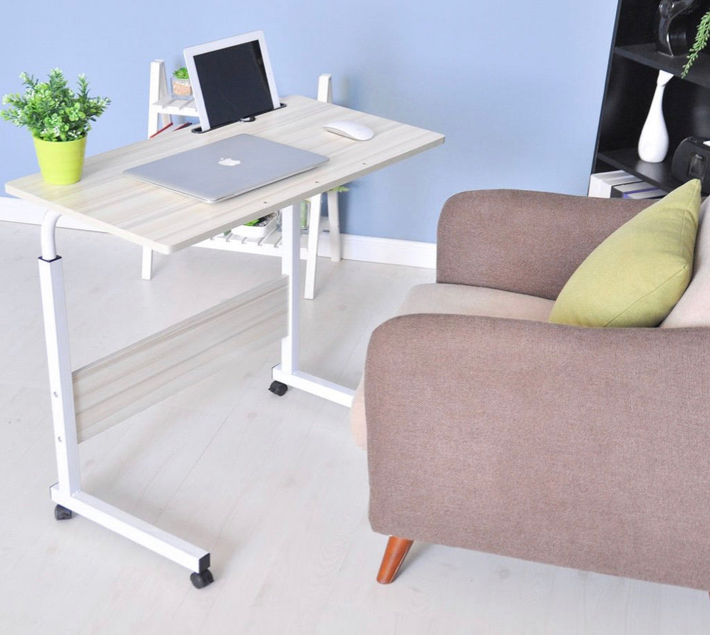 ZASS Mobile Rolling Computer Desk Bed Side Workstation Height Adjustable Table - White Maple
