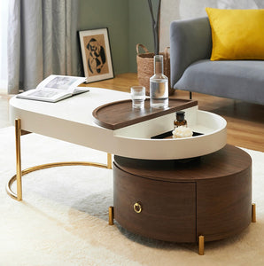 Dadrox Modern Oval Nesting Coffee Table White&Walnut Coffee Table with Storage with Drawer