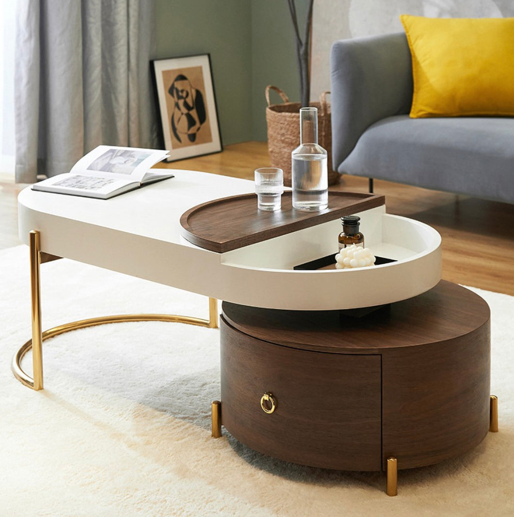 Dadrox Modern Oval Nesting Coffee Table White&Walnut Coffee Table with Storage with Drawer