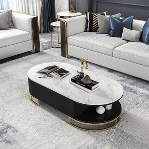 Coliseum White Oval Storage Coffee Table with Drawers Stone Gold Base