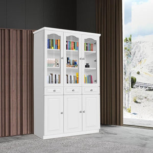 French Glass Display Cabinet Bookcase with 6 Doors - White
