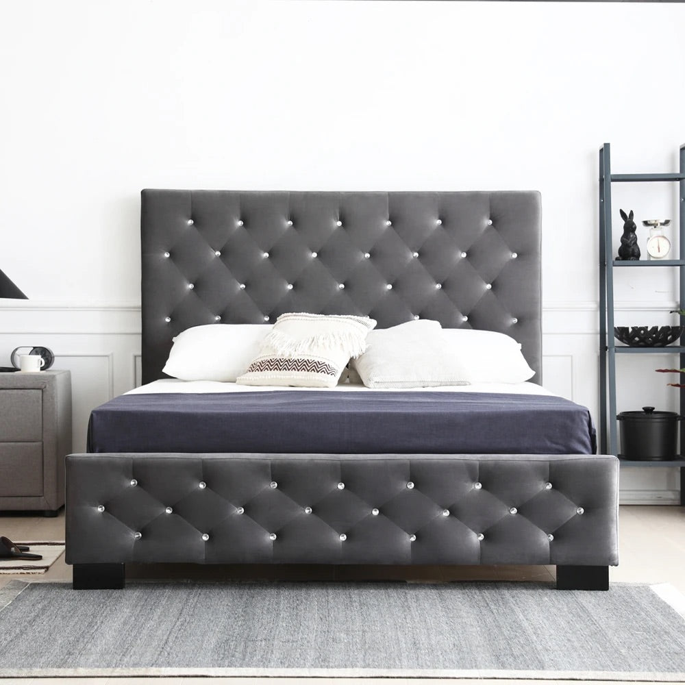 Calypso Velvet Bed With Tufted Diamond Grey