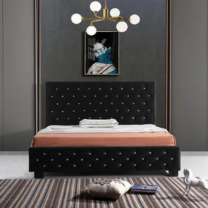 Ramos Velvet Bed With Tufted Diamond Black