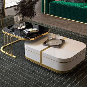 Perry Nesting Coffee Table with Hidden Storage Black Faux Marble Top White