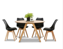 Load image into Gallery viewer, Light Timber Oak Scandinavian Round 1.2m Dining Set with 6x Padded Black Eames Chairs
