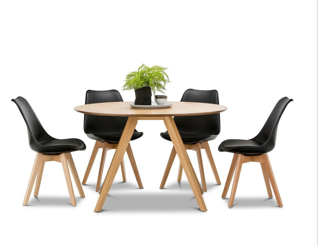 Light Timber Oak Scandinavian Round 1.2m Dining Set with 6x Padded Black Eames Chairs