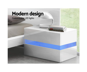 Tiva Bedside Table 2 Drawers RGB LED Side Nightstand High Gloss Cabinet White
