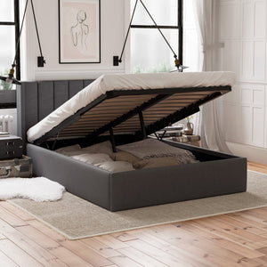 Lena Gas Lift Storage Wing Bed Frame (Charcoal Fabric)