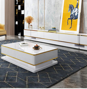 Prisma 51" White Rectangular Coffee Table with Storage 4 Drawers Tempered Glass Top