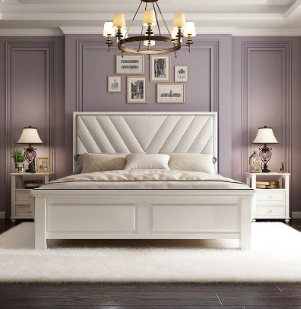 Modern Lux Solid Wood Bed Frame Tufted bedhead White
