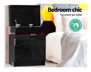 Artiss Bedside Tables Side Table Drawers RGB LED High Gloss Nightstand Black