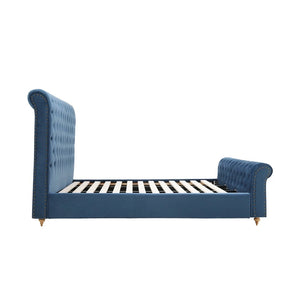 Lunar Luxurious Bed Upholstered In Velvet Blue With Studded Trim