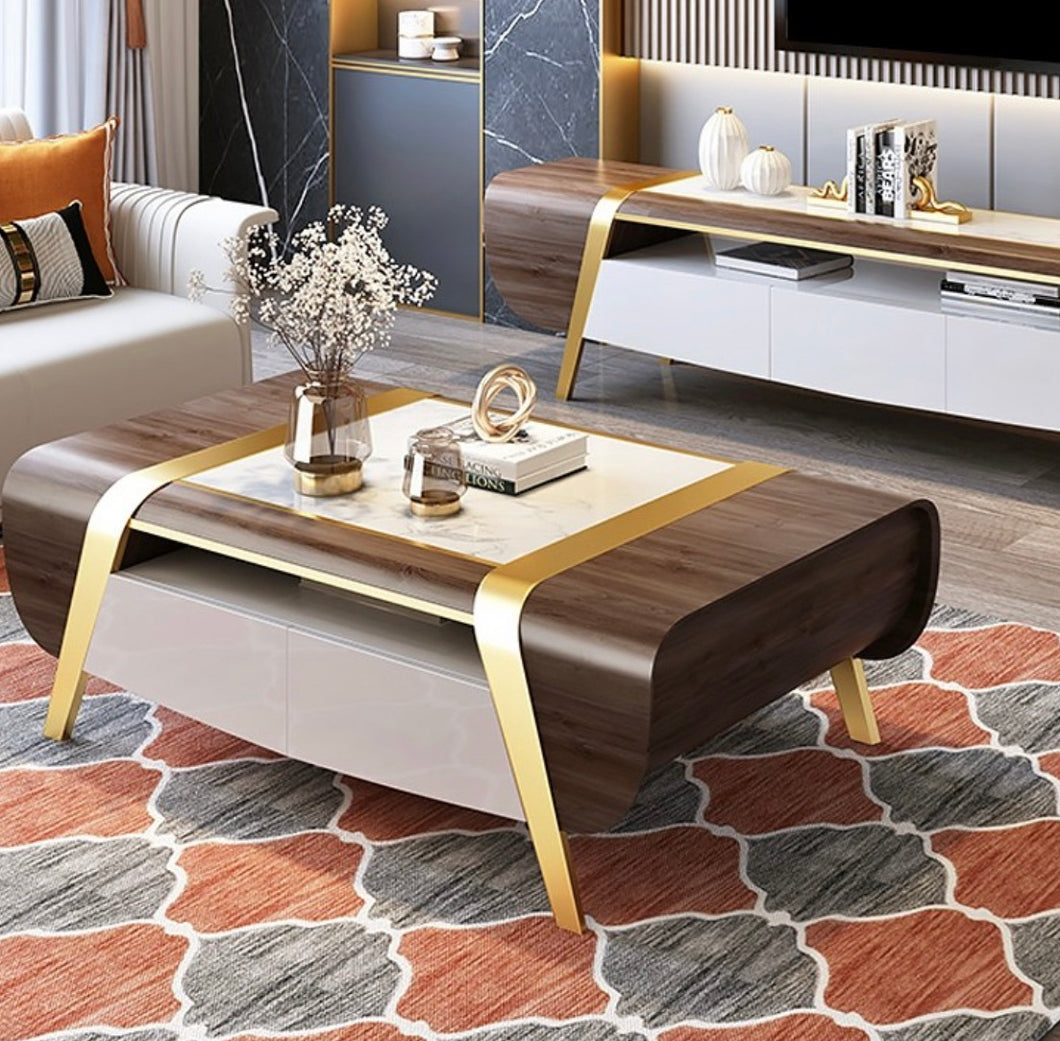 Couture Walnut&White Rectangular Coffee Table with Storage 4 Drawers White Faux Marble Top