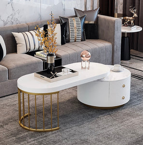 Idra White Oval Expandable Coffee Table Modern Faux Marble&Manufactured Wood Accent Table with 2-Drawer