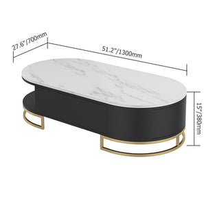 Coliseum White Oval Storage Coffee Table with Drawers Stone Gold Base