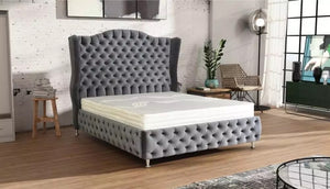 Luxury Alari Bed Frame modern bed Wing Back Chesterfield Grey Velvet Fabric Button bed