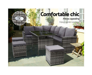 Gardeon Outdoor Furniture Sofa Set Dining Setting Wicker 9 Seater Mixed Grey