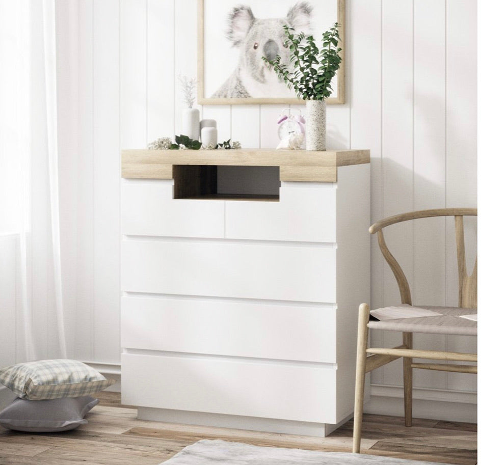 Modern new tallboy unit with five drawers chest Drawers