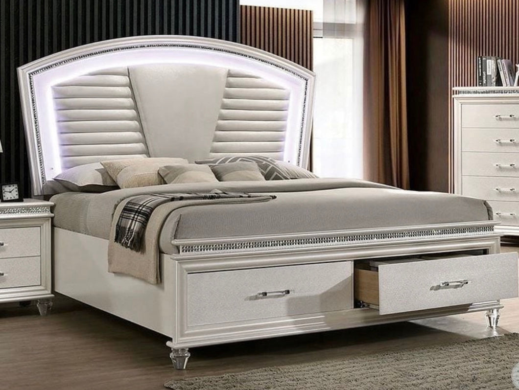 Zari Pearl White Upholstered Storage Panel Bed