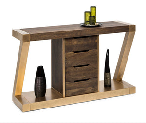 Z-Shaped Solid Wood Iron Hallway Console Table – Brass Finish