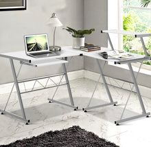 Load image into Gallery viewer, Office Computer Desk Corner Table Metal Pull-Out Keyboard Tray Top White
