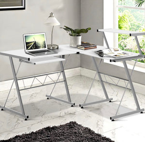 Office Computer Desk Corner Table Metal Pull-Out Keyboard Tray Top White