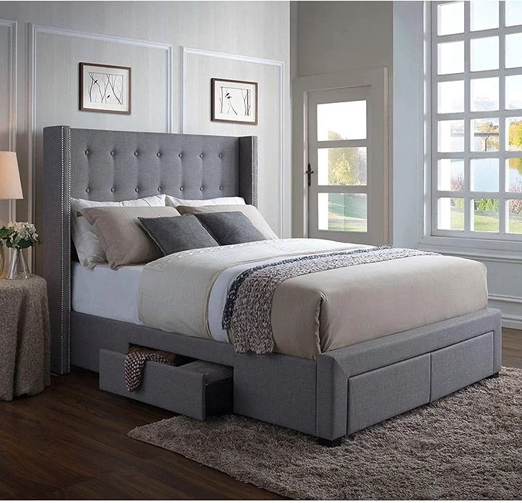 Arazia Wingback Panel Storage Bed Grey Fabric with Tufted Wingback Headboard Bed with 4 Storage Drawers