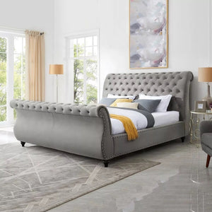 Bronwood Upholstered Velvet Button Tufted Sleigh Bed Frame