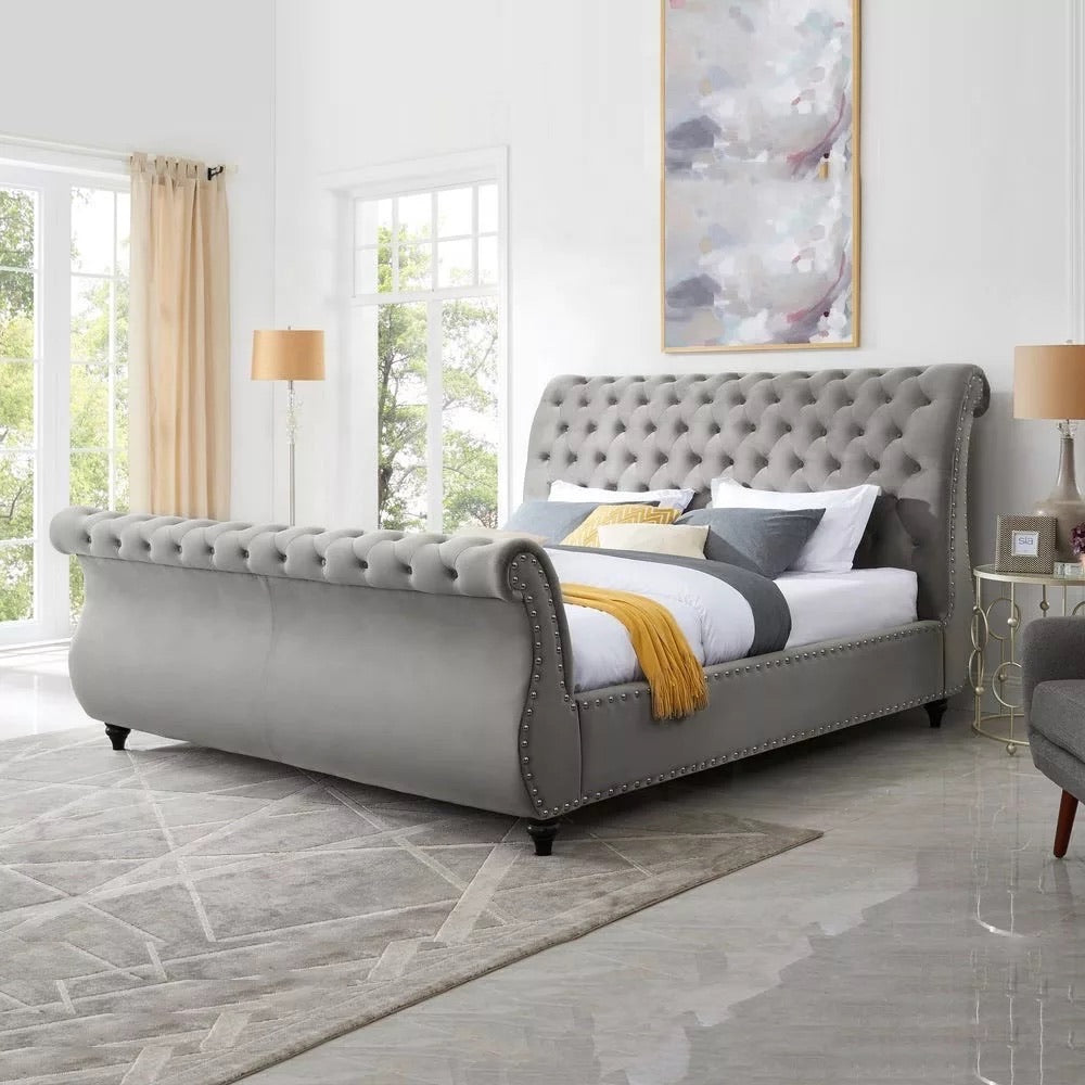 Bronwood Upholstered Velvet Button Tufted Sleigh Bed Frame