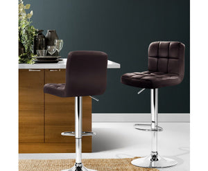 2x Gas Lift Bar Stools Swivel Chairs Leather Chrome Chocolate