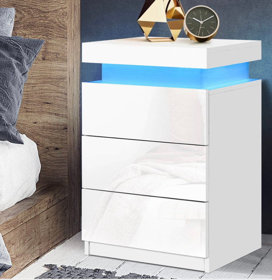 Artiss Bedside Tables Side Table 3 Drawers RGB LED High Gloss Nightstand White