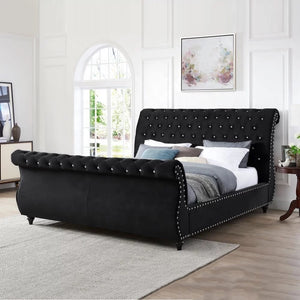 Bronwood Upholstered Velvet Button Tufted Sleigh Bed Frame