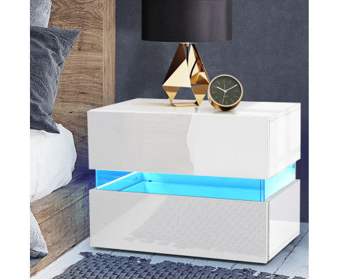 Tiva Bedside Table 2 Drawers RGB LED Side Nightstand High Gloss Cabinet White