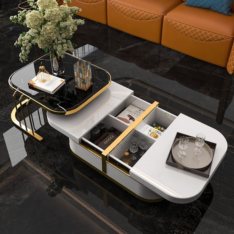 Perry Nesting Coffee Table with Hidden Storage Black Faux Marble Top White