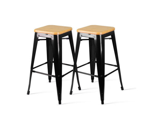 Set of 2 Wooden Backless Bar Stools- Black